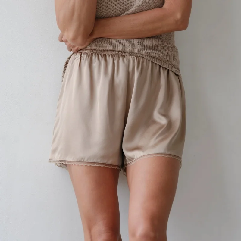 Women Satin Pajama Bottoms Lace Trim Silk Lounge Shorts Low Elastic Waist Panties French Knickers Slip Boxer Shorts