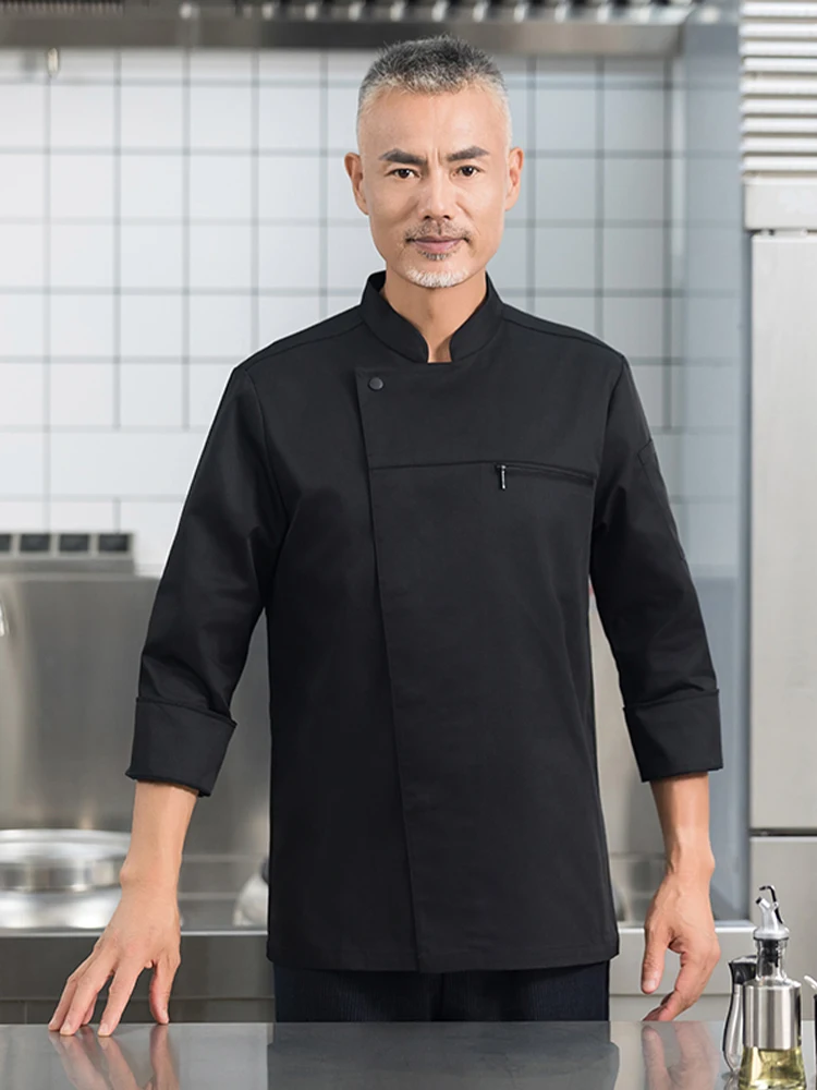 Hotel Chef-Shirt Keuken Uniform Lange Mouw Restaurant Kookjas Kok Jas Bakkerij Ober Werkkleding Opstaande Kraag Pocket Set