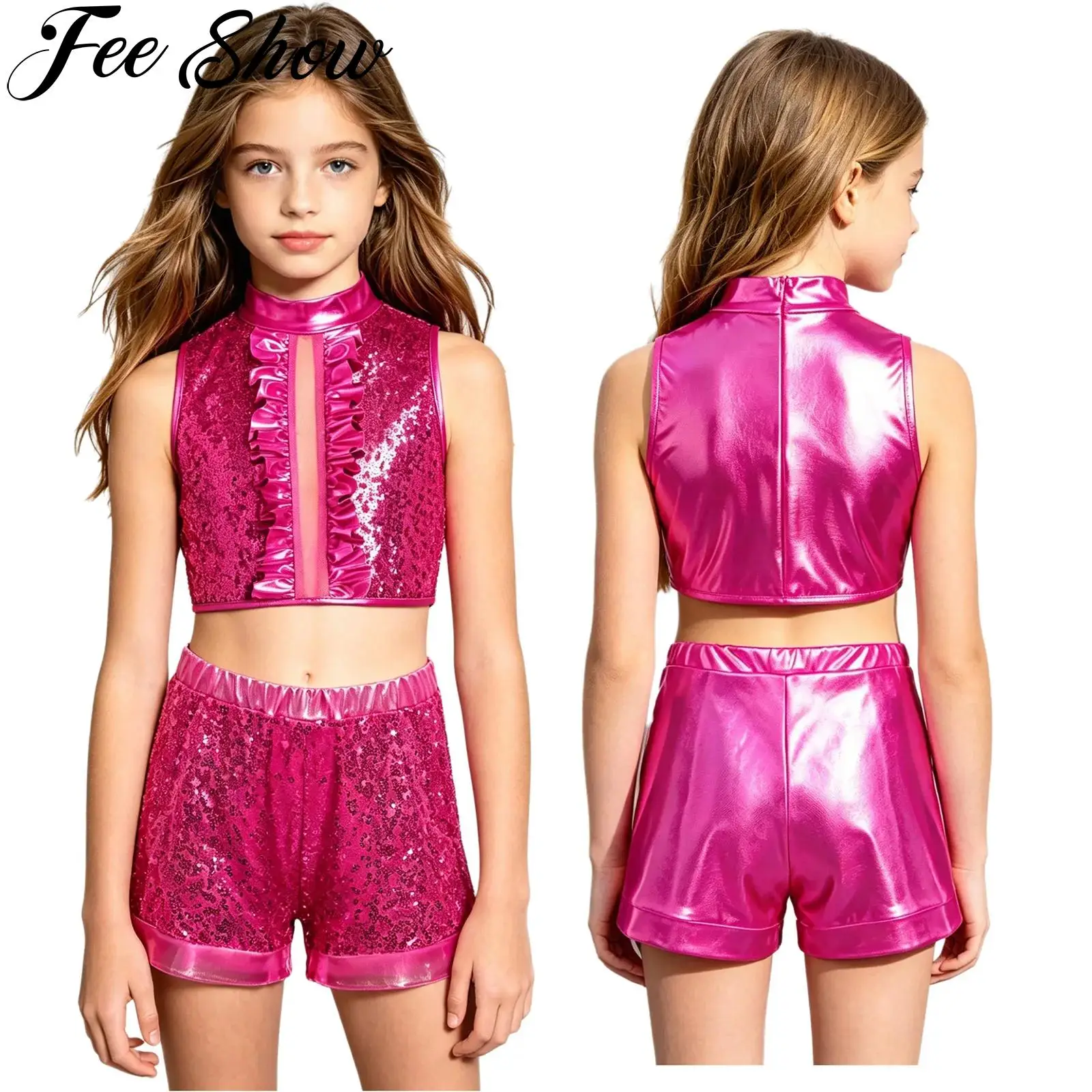 Children Girls Metallic Shiny Jazz Hip Hop Dance Outfit Sleeveless Sequin Ruffles Crop Top with Shorts Disco Party Dancewear