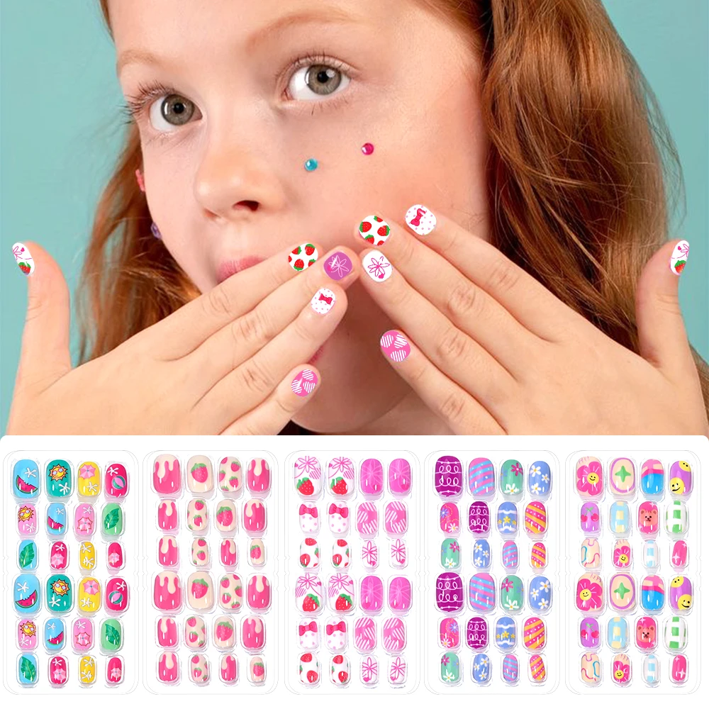 120Pcs Children\'s Press on Nails Kids Cartoon Acrylic Fake Nails Tips Kawaii Girl Full Cover Short False Nails With Jelly Glue#@