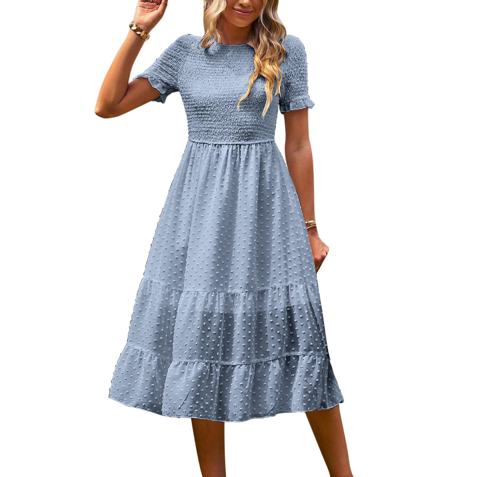 2023 New Summer Women Casual Boho Short Sleeve Jacquard Smocked Midi Dress Crew Neck Casual Tiered Dresses Vestidos Mujer