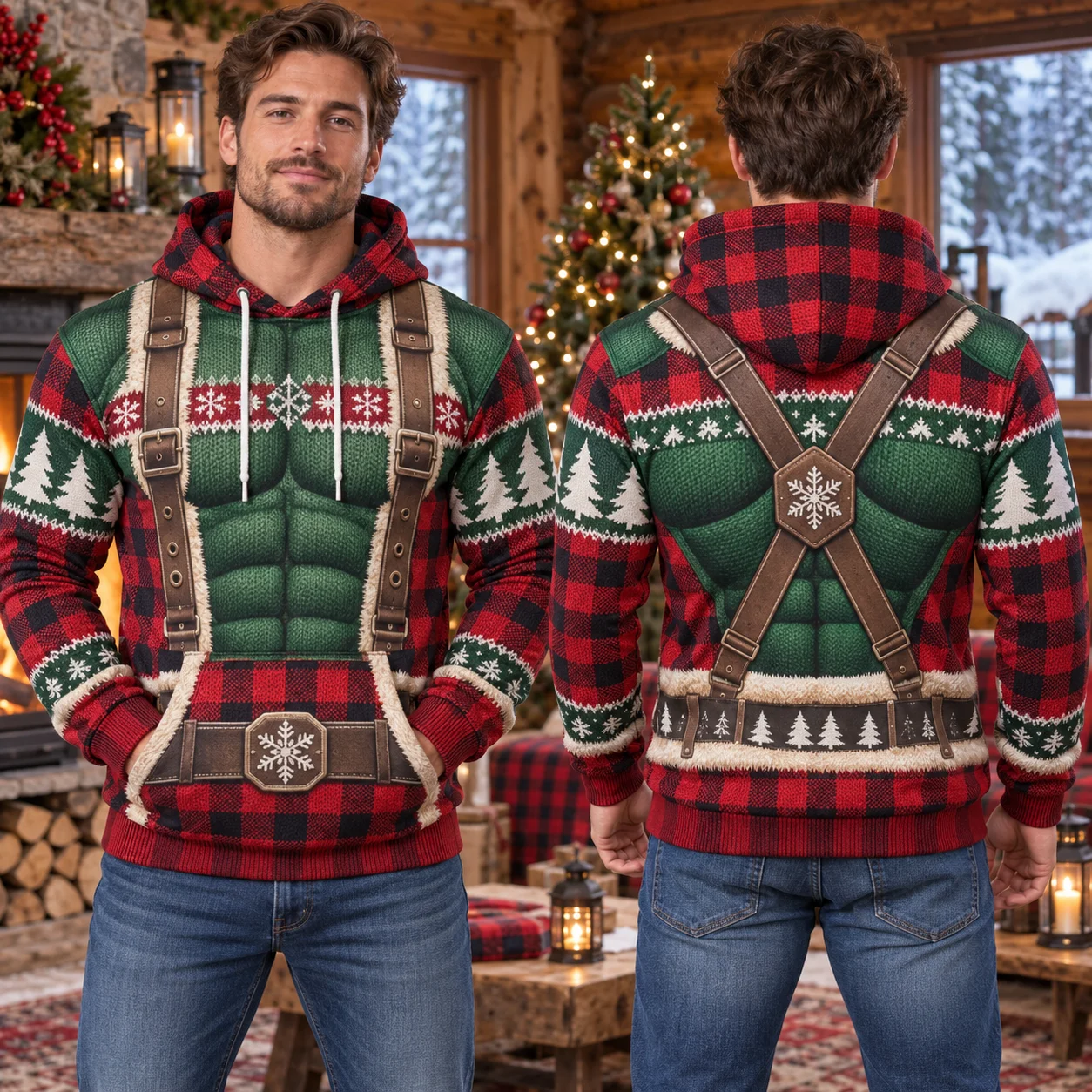 Mens 3D Muscle Christmas Hoodie Candy Cane Tree Polar Bear Pudding Faux Knit Funny Holiday Pullover Party Fun Gift for Him