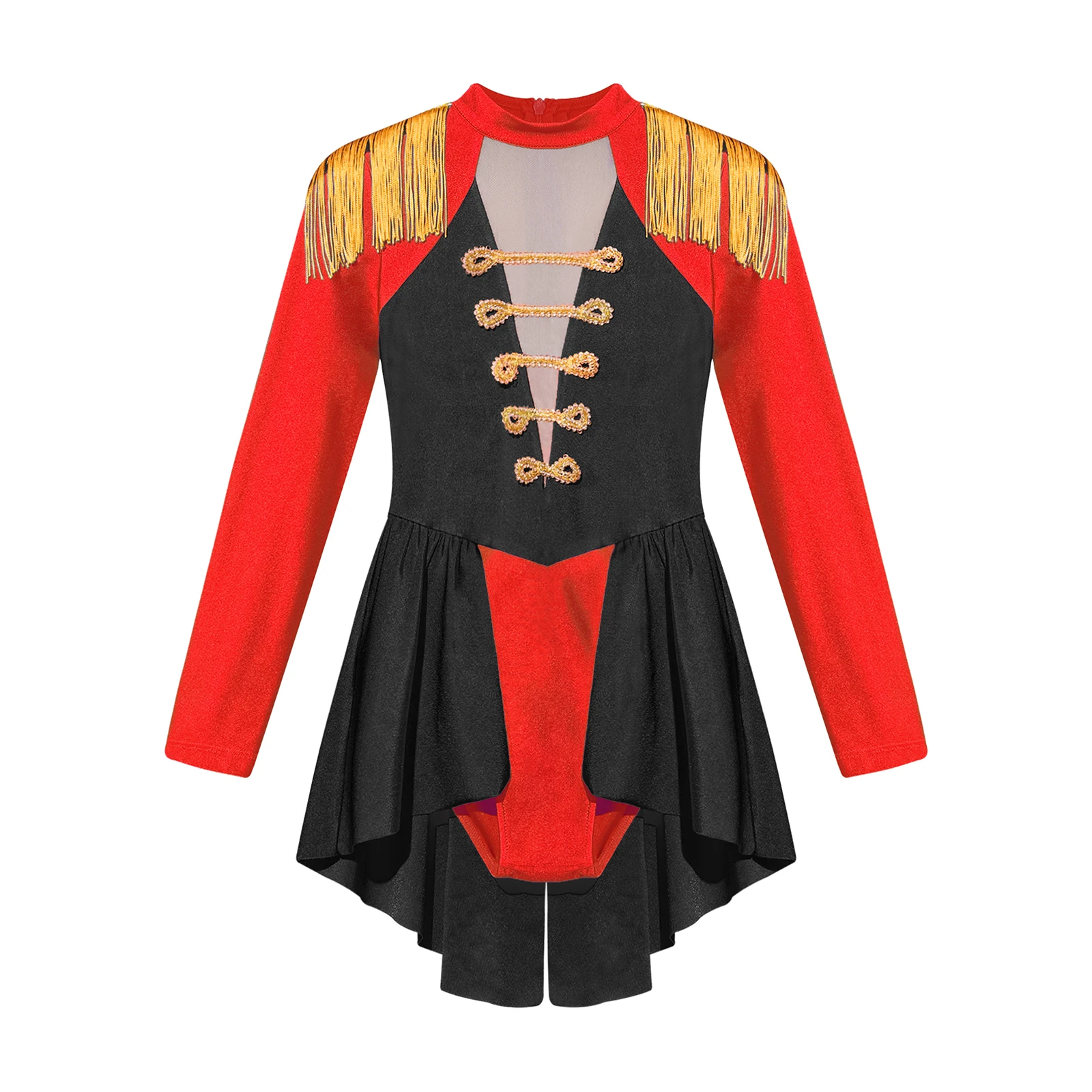 Traje de tambor Halloween para meninas, cosplay de circo, manga comprida, borla Epaulet, macacão curto com saia, roupas de performance para crianças