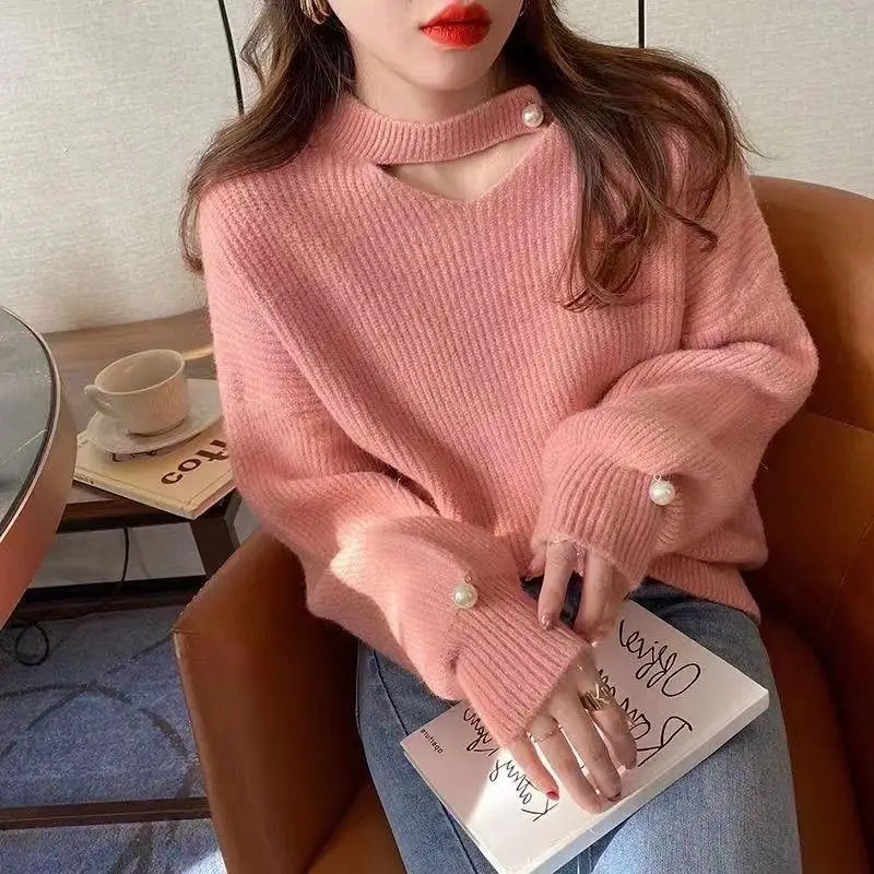 2024 Autumn Winter New Loose-Fit Thickened V-Neck Pink Knitted Top Outerwear Women's Sweater SensibilityNiche