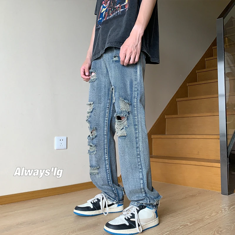

Ripped Men's Jeans Straight Loose Micro Flared Pants Washed Vintage American High Street Autumn Long Trousers Trendy