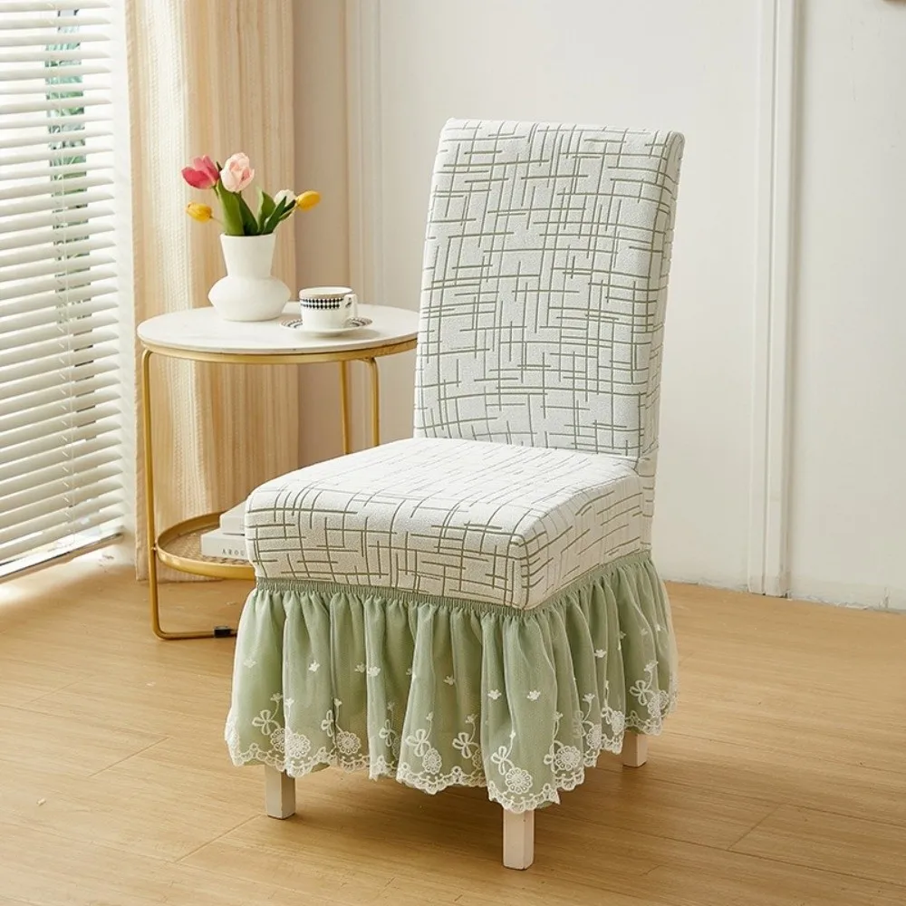 Thickened Chair Cover with Skirt Removable Dust-Proof Dining Chair Covers Lace Trim Soft Comfortable Elastic Chair Cover