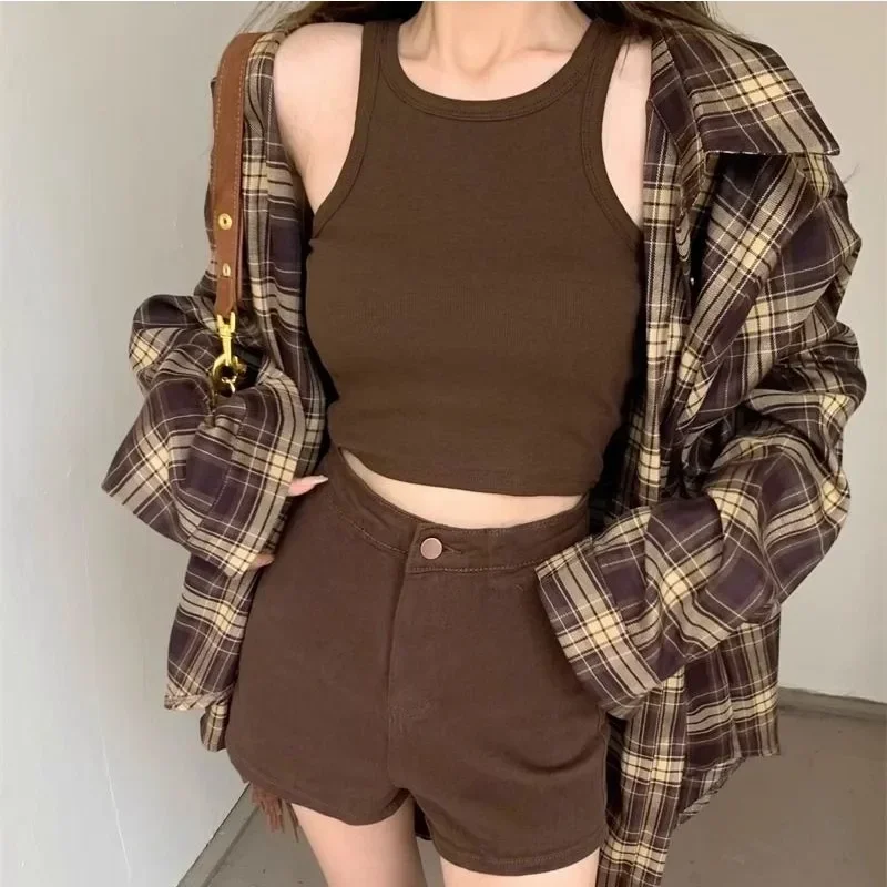 

Deeptown Vintage Long Sleeve Plaid Shirts Y2k Woman's Oversized Check Blouses Korean Style Stylish Japanese Harajuku Tops Summer