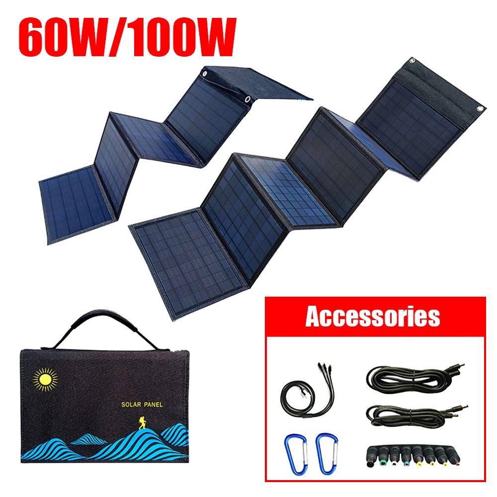 60W/100W Solar Panel Portable Folding Bag USB+DC Output Solar Charger Outdoor Power Supply for Mobile Phone Power Generator