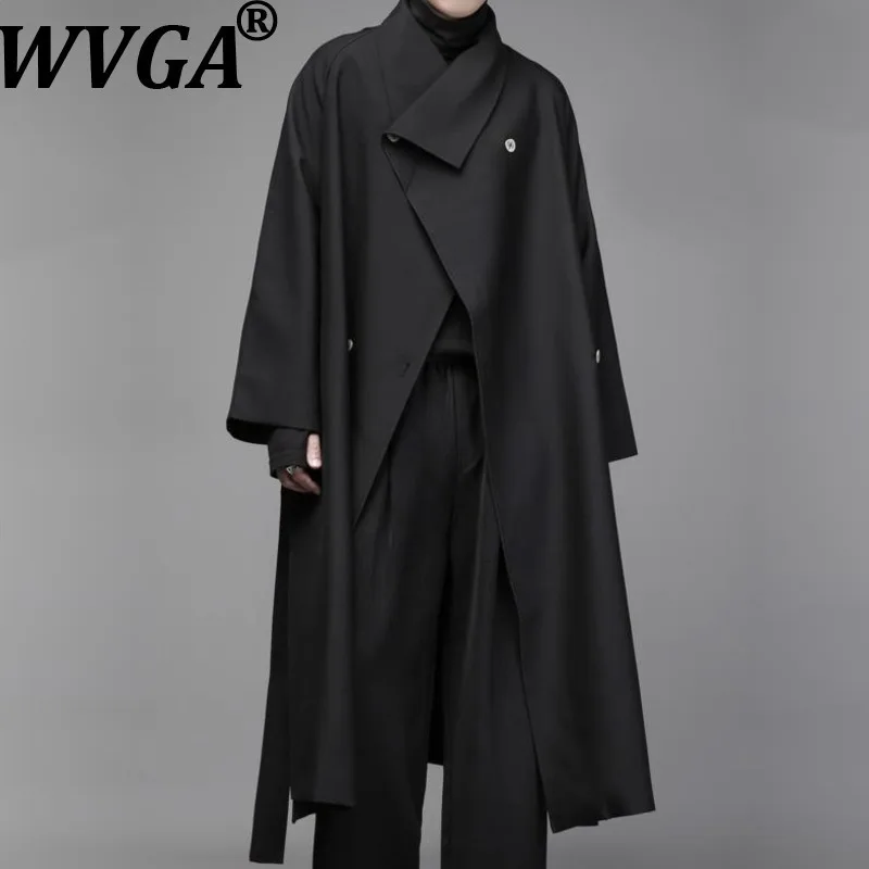 

WVGA Spring Autumn New Men Yamamoto Trendy Asymmetric Draped Mid-Length Trench Coat Niche Casual Turn-Down Collar Jackets W15468