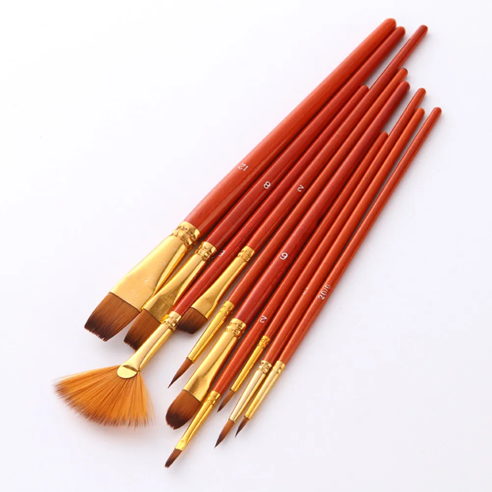 10Pcs Nylon Artist Paint Brush Set High Hold Capacity Even Application Easy Clean Synthetic Fibers for Acrylic Oil Watercolor