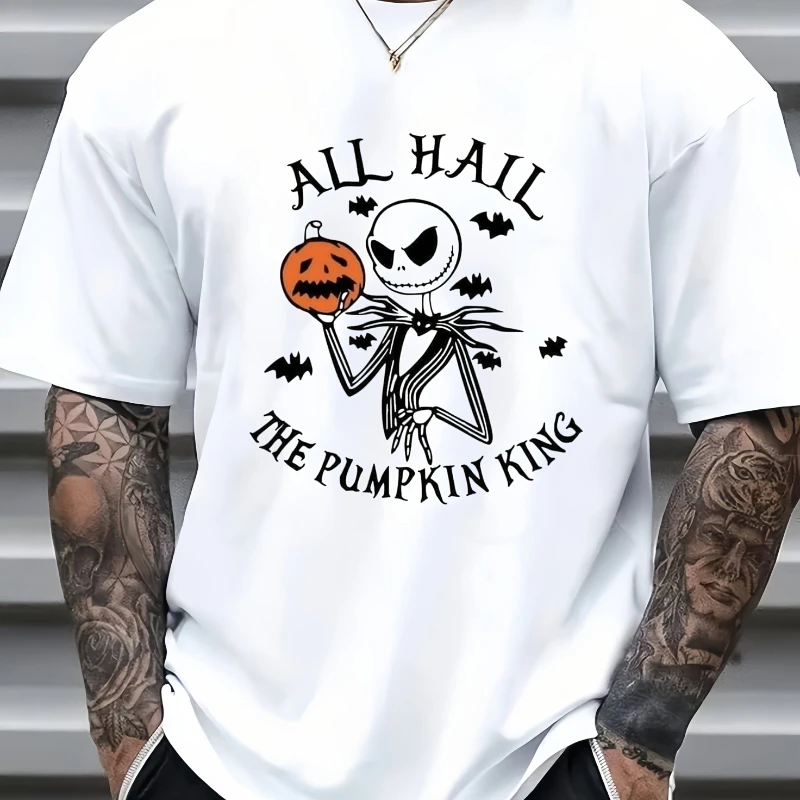 

Disney Christmas Eve Scar Men's Pattern T-shirt - Jack Skelington Pumpkin King Halloween Design, White Casual Short Sleeve Top