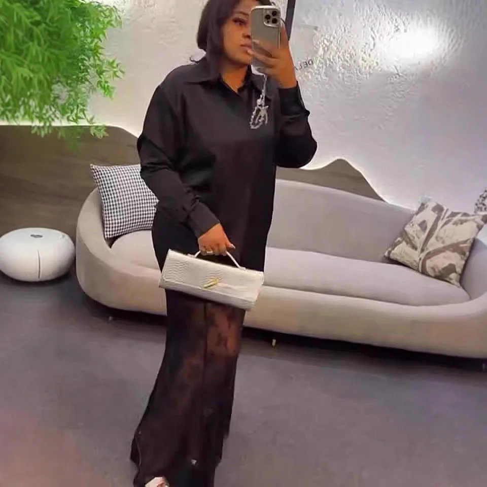Women Two Piece Sets Skirt Set Full Sleeve Shirt Long Skirts Lace Mesh Backless A Line High Waist Y2k Streetwear Elegant Work image 3