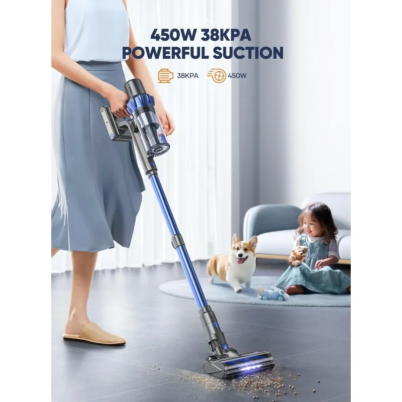 Cordless Vacuum Cleaner, 450W 38KPA Stick Vacuum with Intelligent Auto Mode, Color Touch Display, Up to 55Mins, Rechargeable