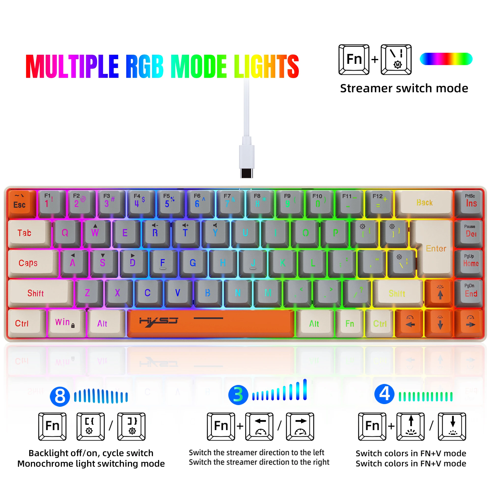 68 Keys Gaming Keyboard USB Wired Portable 20 RGB Backlight Keyboard  3 Colors Keycaps for Windows Laptops Computer