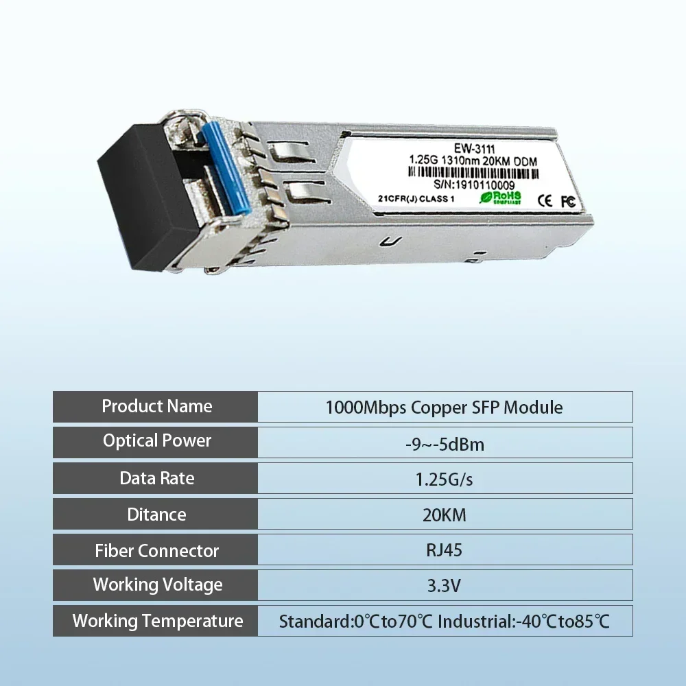 LC Optical Fiber Module, Single 20km, 1310nm, INTEL, Cisco, Mikrotik, Huawei, Extreme Switch, Full Compatible, 1.25G, RJ45
