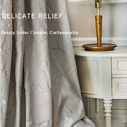 Luxury Jacquard Embossed Golden Leaf Blue Blackout Curtains for Living Room Bedroom High Precision Beige Rideaux Pour Le Salon