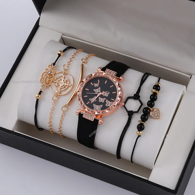 6/5/2/1 قطعة مجموعة ساعة نسائية عادية زهرة ساعة كوارتز التناظرية بولي Leather ساعة معصم جلدية وأساور Reloj Mujer Elegante لا صندوق