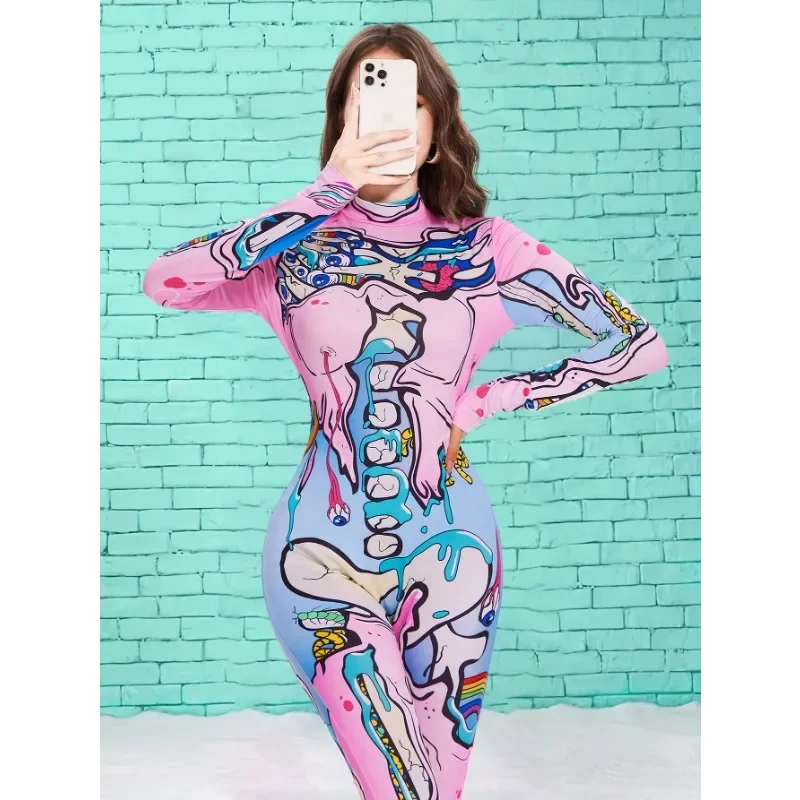 Women\'s Skeleton Bodysuit Girls Printed Skeleton Tights Street Trend Cosplay Cartoon Pattern Costume Parent-Child Party