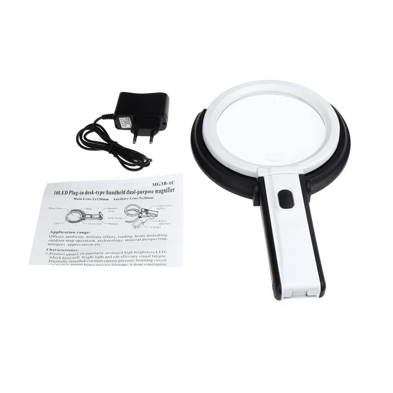 Portable 10 LED Light Magnifier Magnifying Glass with Light Lens Table Desk-type Lamp Handheld Foldable Loupe 2 x 120mm 5x 28mm