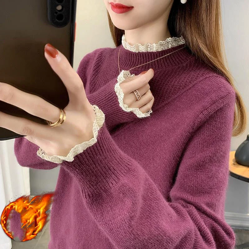 Autumn Winter New Women\'s Adding Velvet and Thickening Sweaters Fashion Half High Collar Lace Loose Knitted Long Sleeve Tops