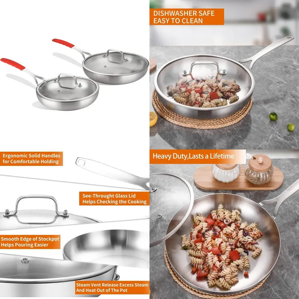 

Набор сковородок из нержавеющей стали с крышкой — 8 и 12-дюймовые сковороды, индукционные сковороды, кастрюли и сковородки для приготовления пищи на кухне