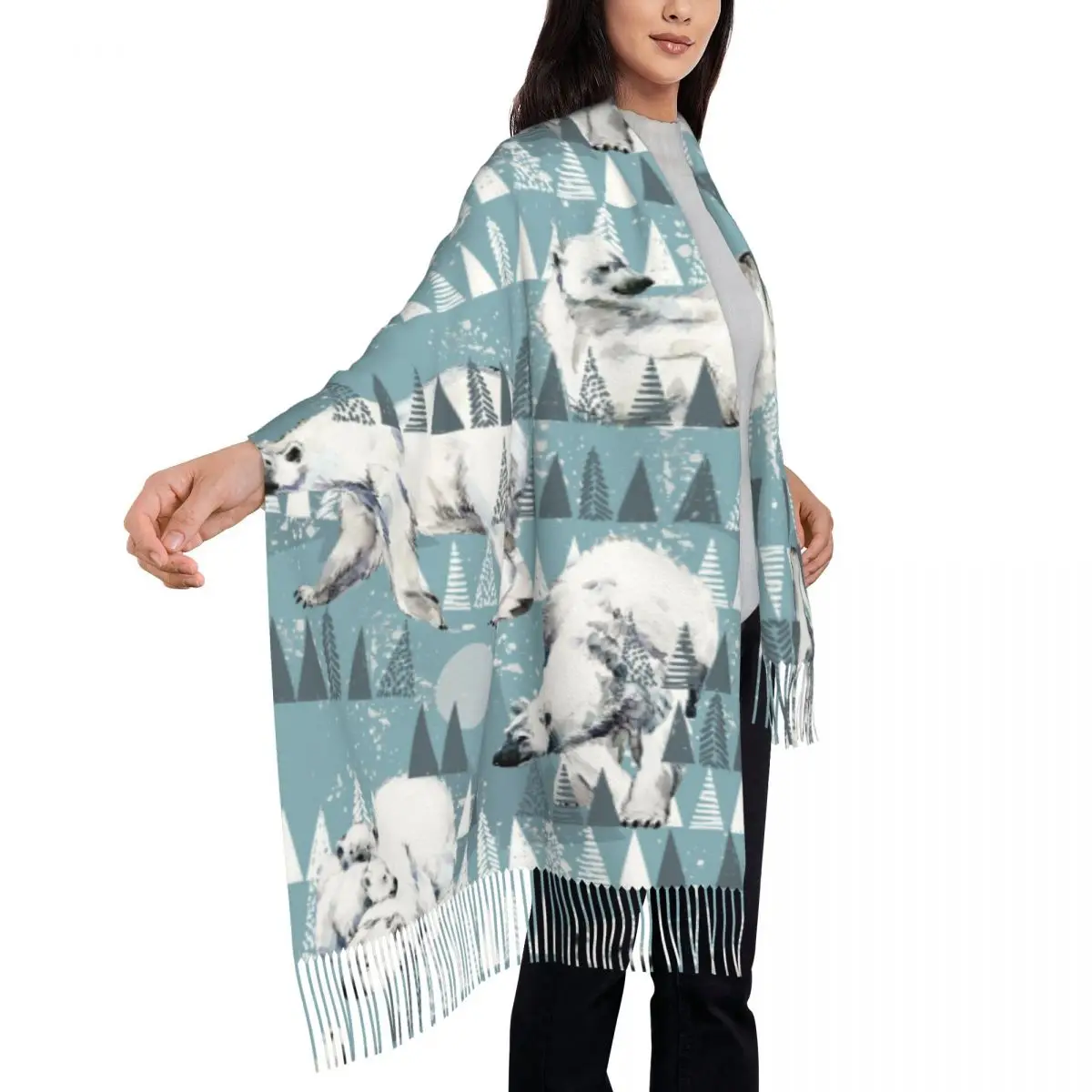 Inverno orso polare acquerello nord fauna selvatica animale selvatico scialle Pashmina da donna avvolge sciarpa con frange sciarpa lunga e grande