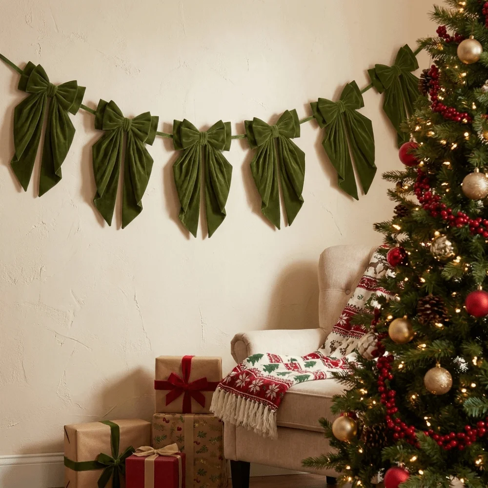 Soft Christmas Bow Garland Reusable Handmade Hanging Bow Decoration Multi-functional Widely Use Red Bow Banner Mantle