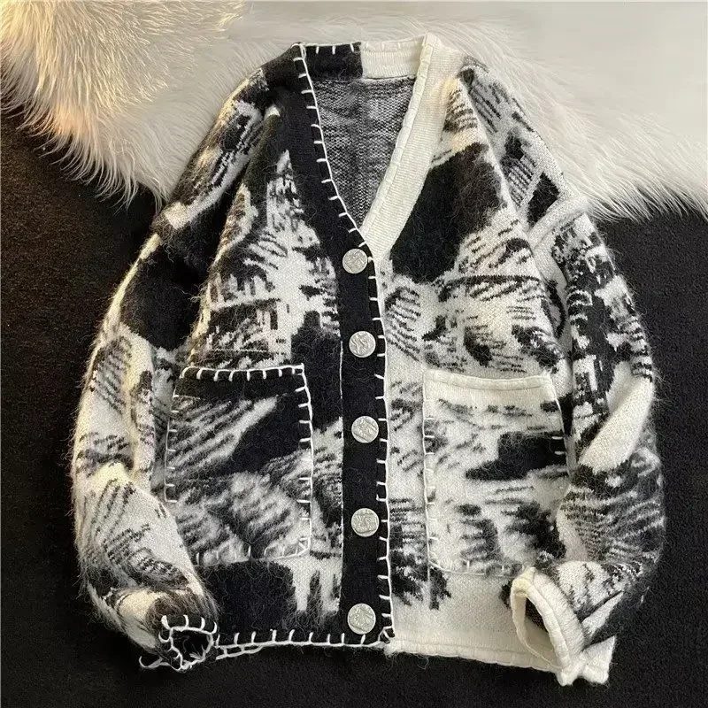 Mann Kleidung schwarz y2k Vintage Tie Dye Strick pullover für Männer Strickjacke V-Ausschnitt Ästhetik mit Taschen Maletry ein Winter 2024 Spaß