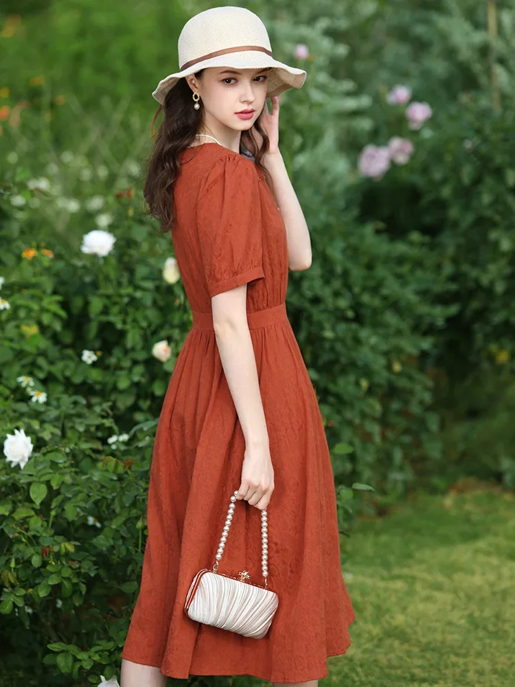 I BELIEVE YOU Red French V-neck Lace Short Sleeve Women Dresses 2024 Summer New Chic Long A-Line Gentle Dress Lady 2241095639