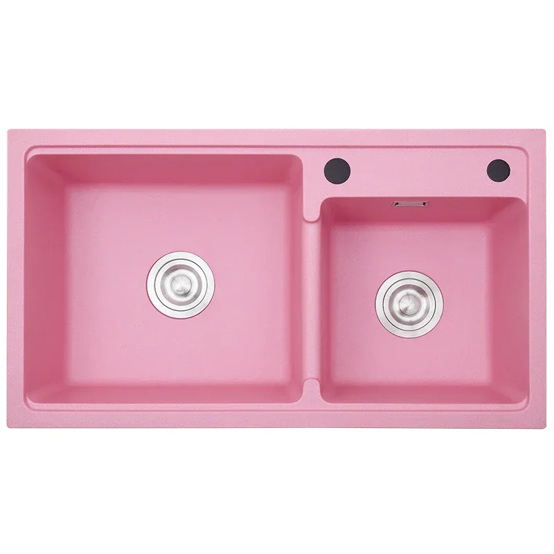 Pink Kitchen Sink Quartz Stone Sink Granite Household Dishwashing Double Sink 75*41CM/78*43CM/80*45CM