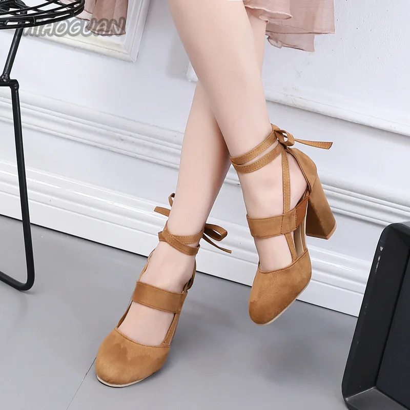 Women Heels Large Size Women\'s Shoes Chunky High Heeled Lace Up Casual Pumps Ankle Straps Solid Color Thick Heel Sandals Shoes