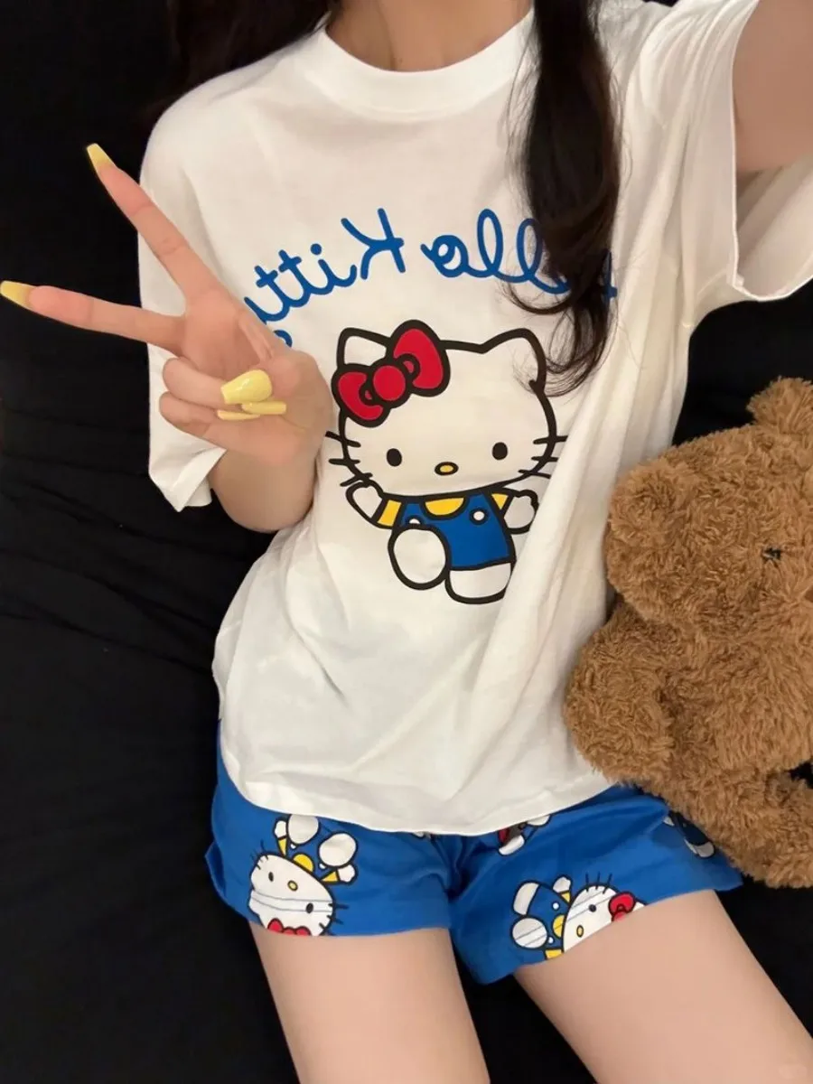 سانريو مرحبا كيتي منامة أنيمي الصيف المرأة الكرتون تي شيرت أبيض والسراويل الزرقاء دعوى لينة تنفس الملابس المنزلية #6