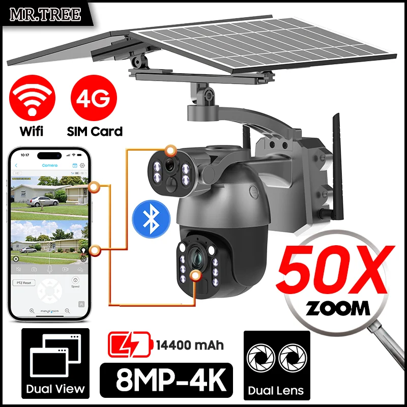 8MP 4K 50X Optical Zoom Video Solar Camera 4G SIM CCTV Outdoor SurveillanceWiFi Home Security PTZ Motion Detect IP Tracking Cam