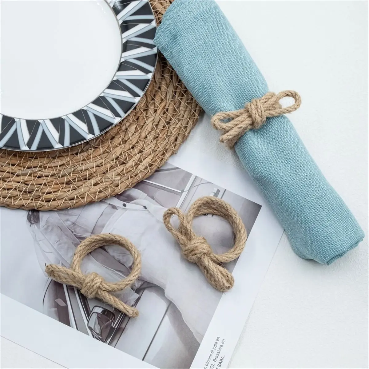 12pcs Linen Braided Bows Napkin Ring Set, Handmade Flower Shaped Jute Ring, Table Decoration for Weddings