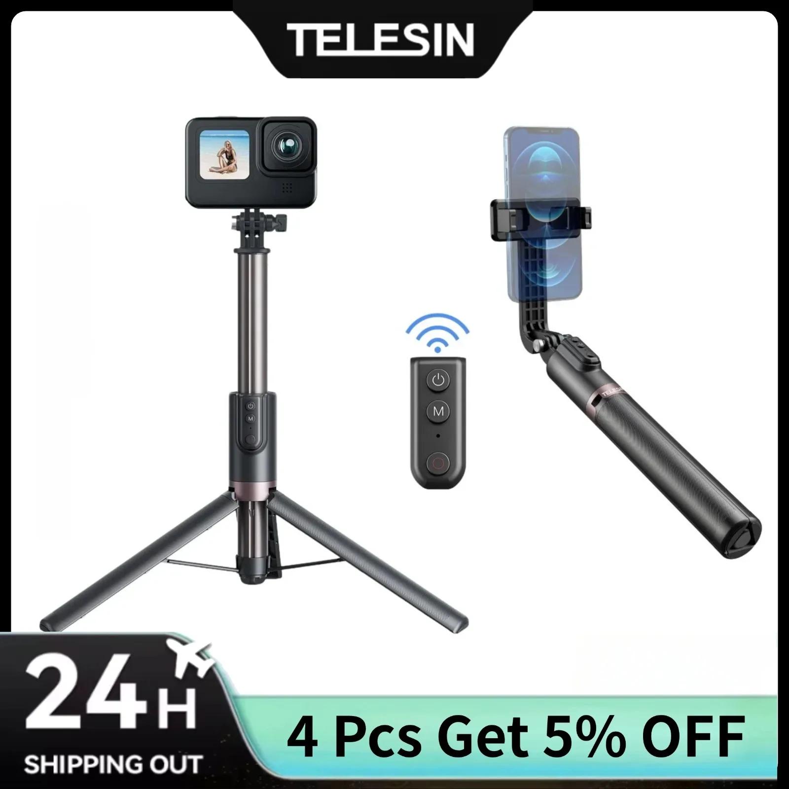 

TELESIN 1.3M Selfie Stick Tripod Phone Stand with Remote Control for Gopro Hero 13 12 11 10 9 8 7 Mobile Phone Tripod Holder