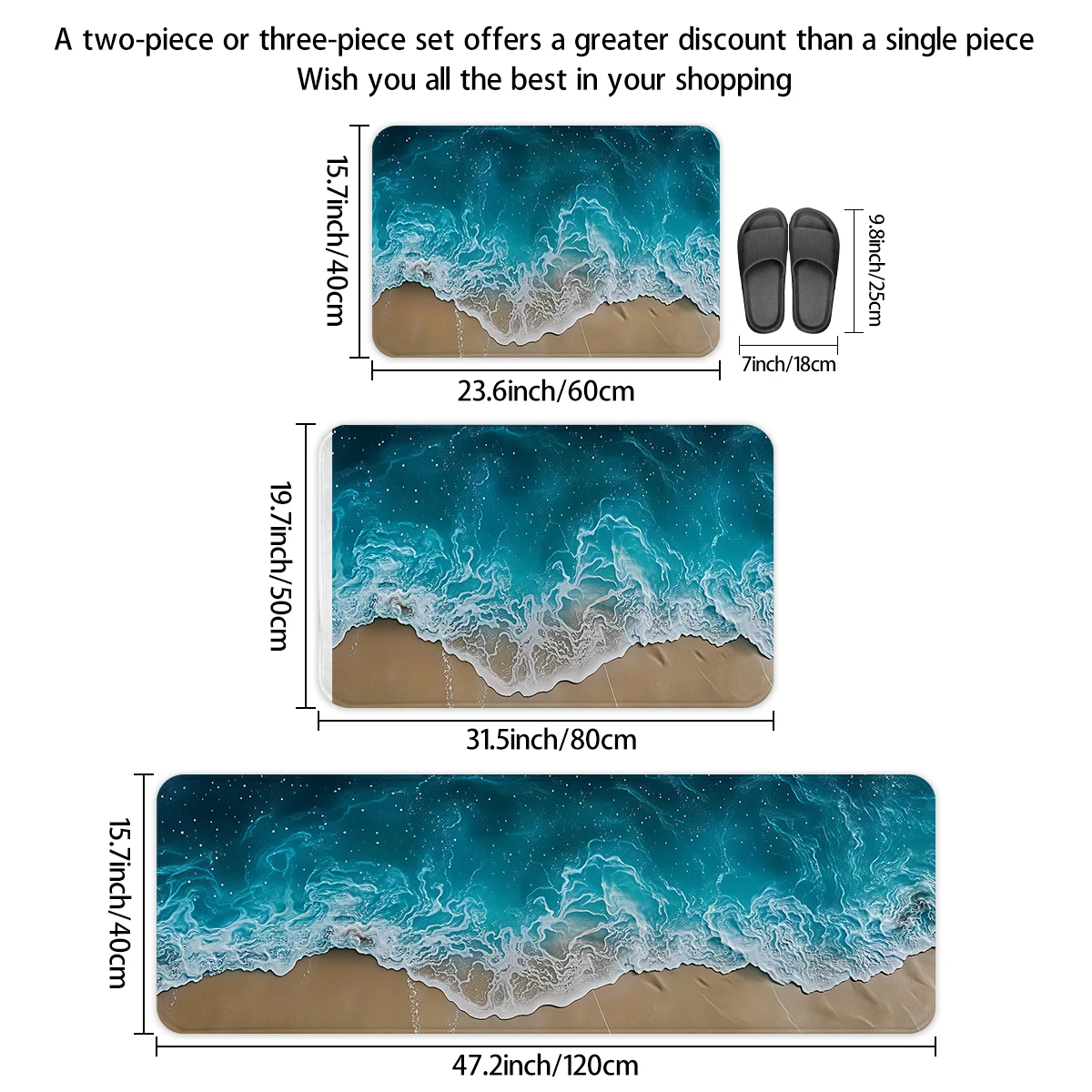 1/2/3 قطعة سجادة منطقة موجة الشاطئ، مجموعة سجادة أرضية غير قابلة للانزلاق للمطبخ، ديكور منزلي، مناسبة للحمامات والردهيات وغرف المعيشة، #2
