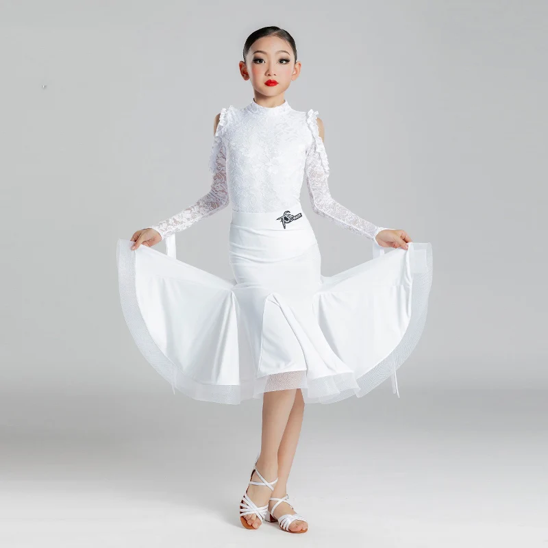 Kids Latin Dance Dress Girls White Lace Ballroom Dance Competition Dress Long Sleeves Practice Clothing Tops Skirt Sets BL14545