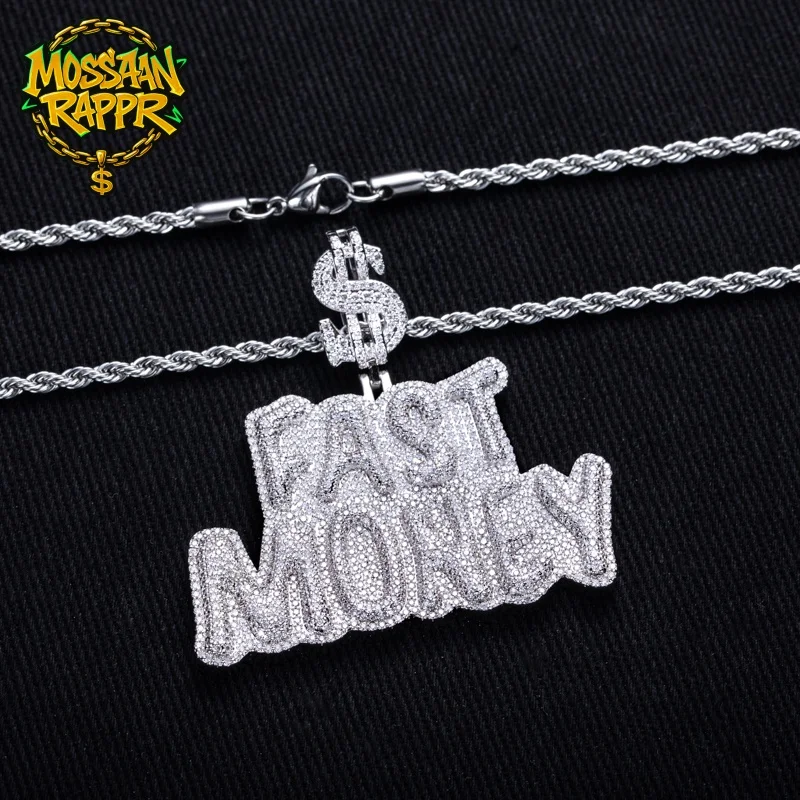 

MossanRappr 5,89cttw Муассанит Iced Out Быстрые деньги Подвеска с буквами 14 К Позолоченное ожерелье в стиле хип-хоп Ювелирные изделия Подарки для мужчин