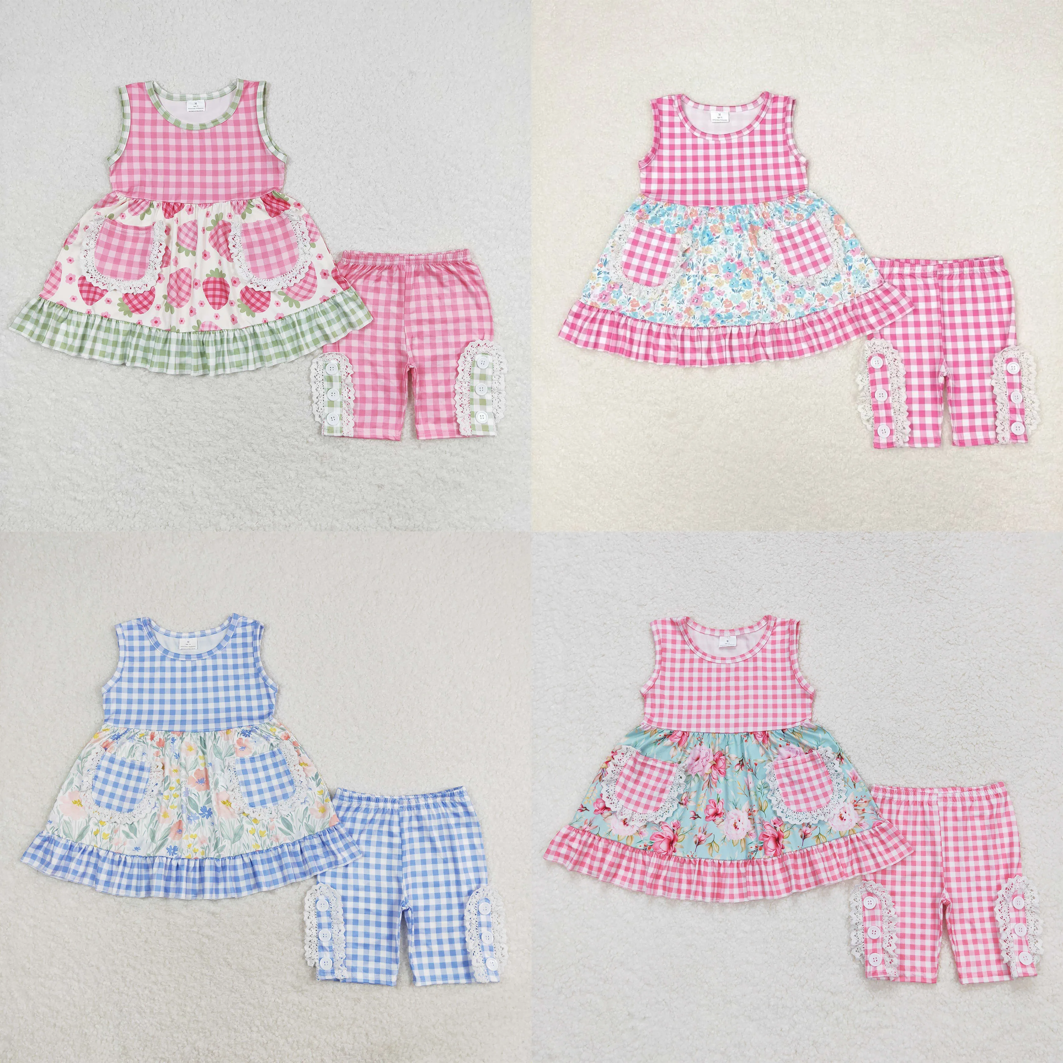 

Wholesale Toddler Sleeveless Fruit Pocket Tunic Kids Ruffle Plaid Ruffle Shorts Baby Girls Sets Children Summer Infant Outfit