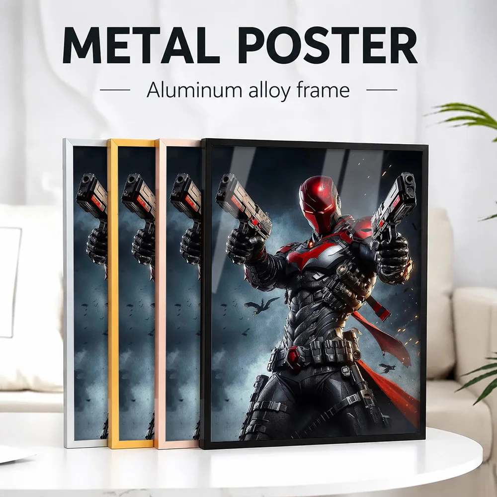 Red Hood Holding Two Guns Framed Metal Poster Personalized Photo Dynamic Hero Style Wall Art For Media Room Superhero Fan Gift