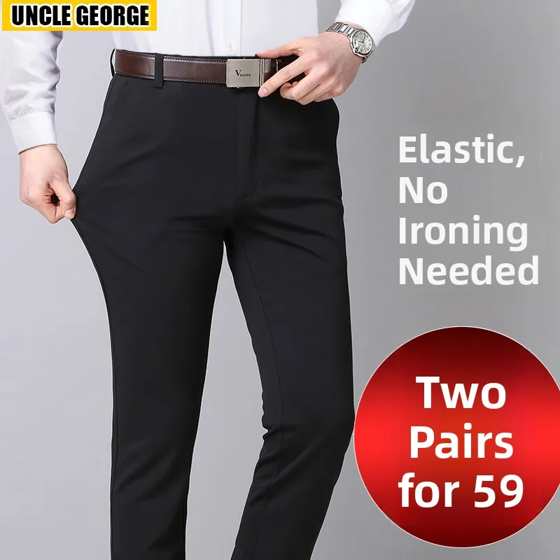 

Elastic Ice Silk Slim Fit Busin Casual Men's Pants Summer Suit Pants Straight Loose Sle High Waist Busin Gentleman