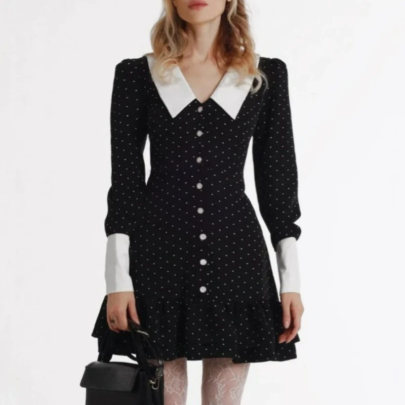 Romantic Sweet College Style Fashion Color Matching Lapel Retro Button Polka Dot A Word Dress Women's Clothing Niche Temperament