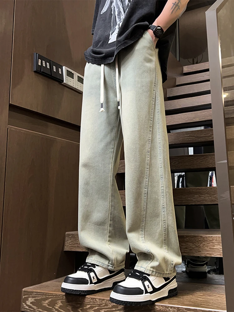 

American Sle Patchwork Vintage Mud Men's Jeans Spring Autumn Loose Straight Leg Casual Long Trousers Trendy Wide Leg Jeans