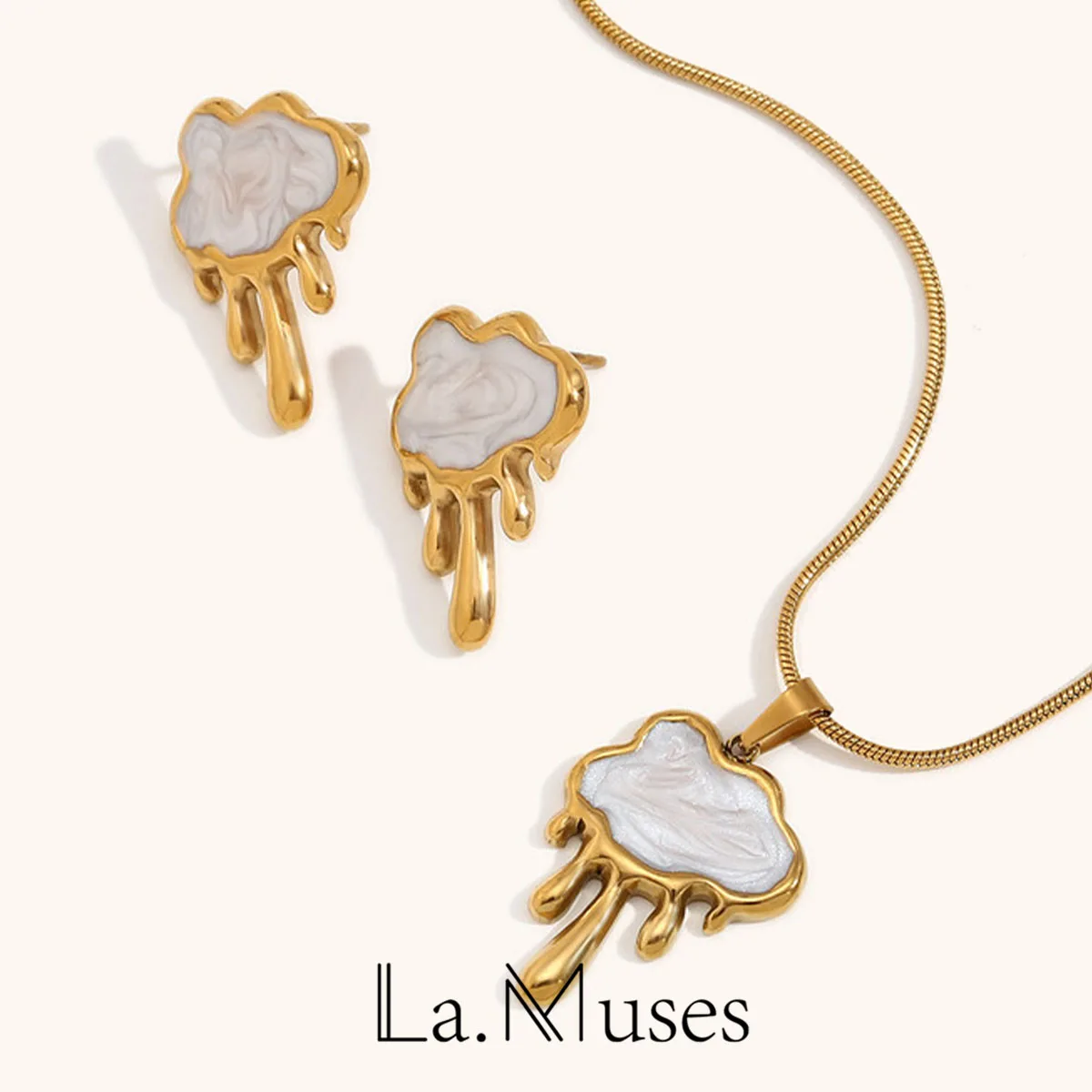 La. Muses High Quality Shell Cloud shaped Snake Chain Stainless Steel Women's Necklace Earnail Jewelry Set Jewelry Accessory