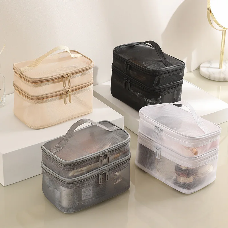 1pcs Travel Double Layer Mesh Makeup Bag, Wash Bag, Women's Portable New Large Capacity Storage Bag, Cosmetics Storage Bag