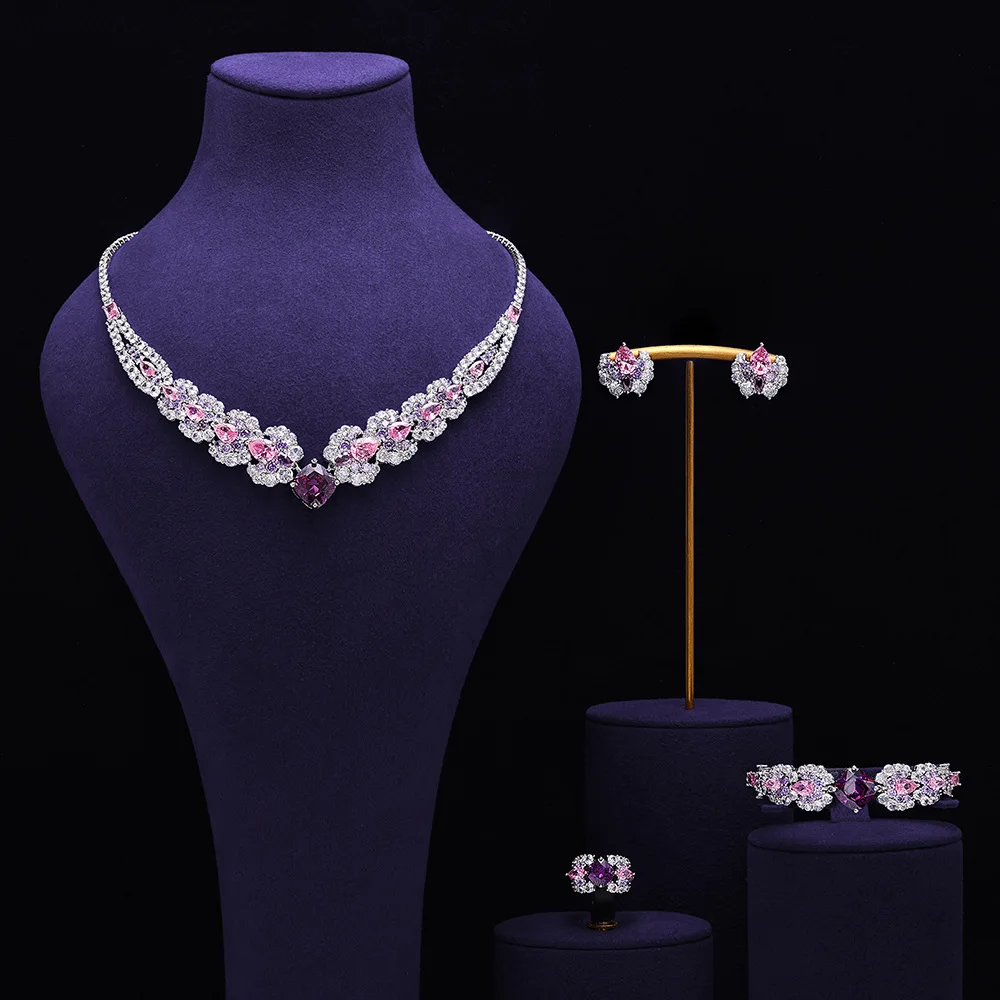 HIBRIDE New Fashion Cute Pink Necklace and Earrings and Bracelet Jewelry Set Suitable for Wedding Bridal Party Gifts S-1338