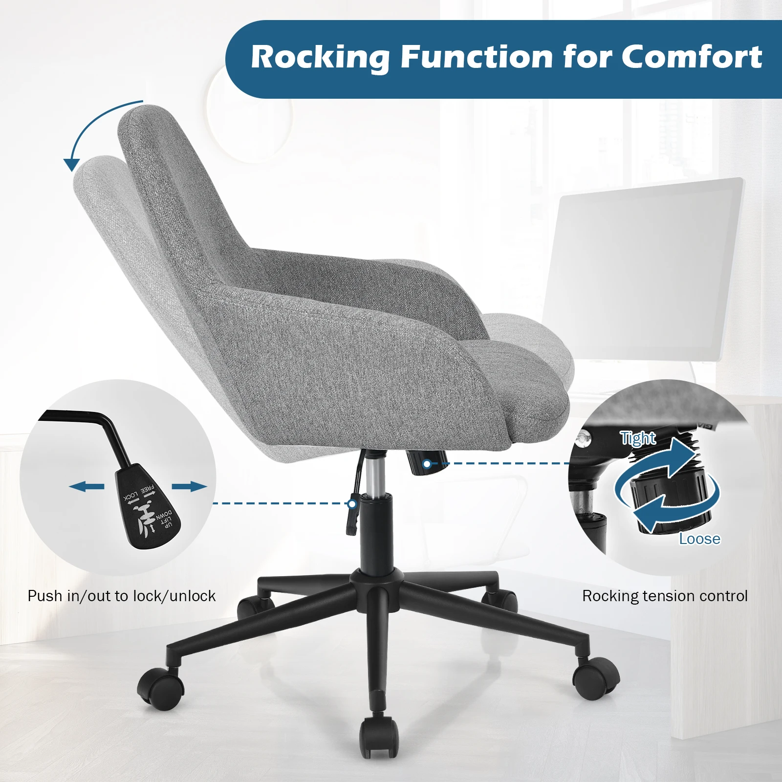 Silla de oficina de lino con reposabrazos, asiento giratorio, ajustable