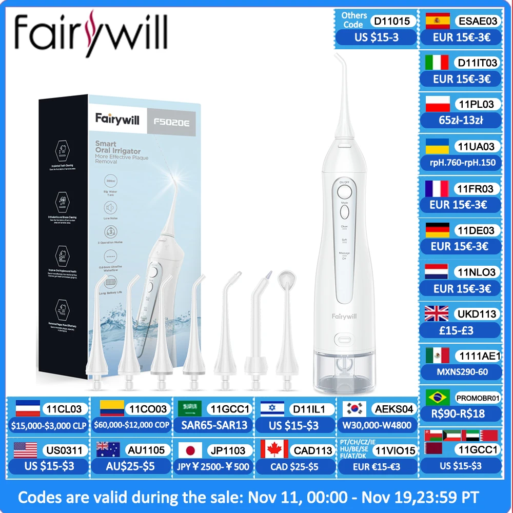 

Fairywill Water Flossers Oral Irrigator Rechargeable Portable Dental 3 Modes Water Tank for Teeth 300ML Waterproof Teeth Cleaner