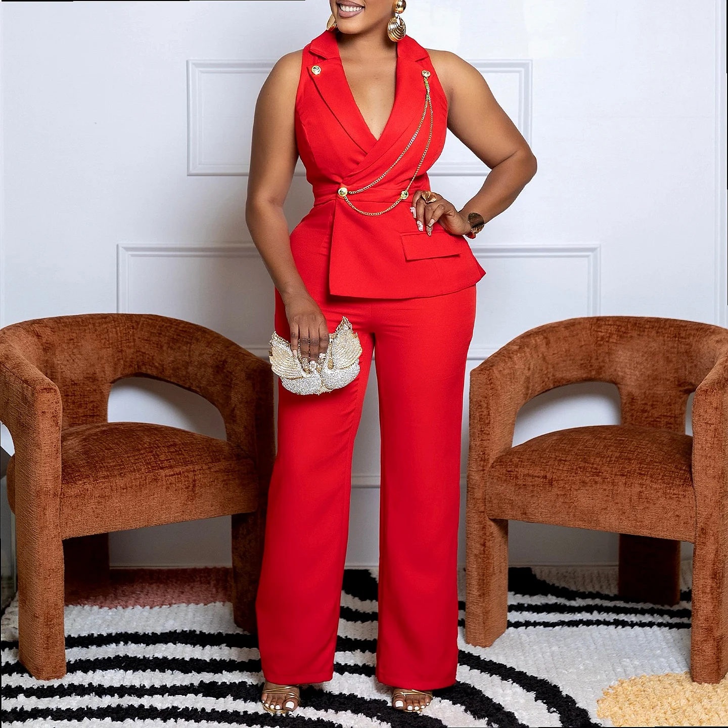 Sexy Chain Overall Jumpsuit Women Blazer Collar Casual Wide Leg Pants Playsuits