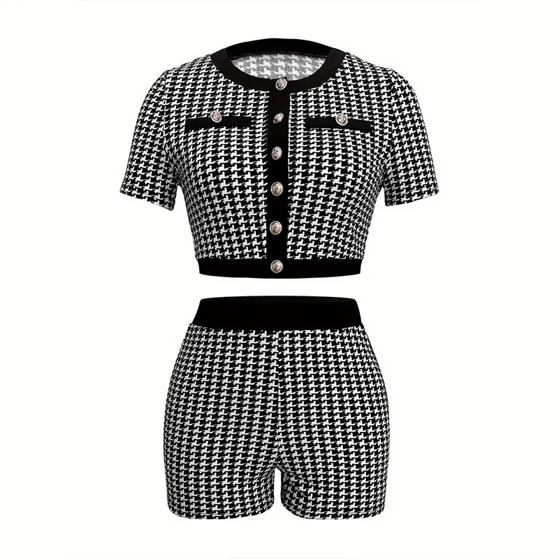 2 Piece Set Street Vintage Pleated Houndstooth Print For Women Short Sleeve Shirt Blouse and Shorts Suit INS Outfit Tracksuit image 4